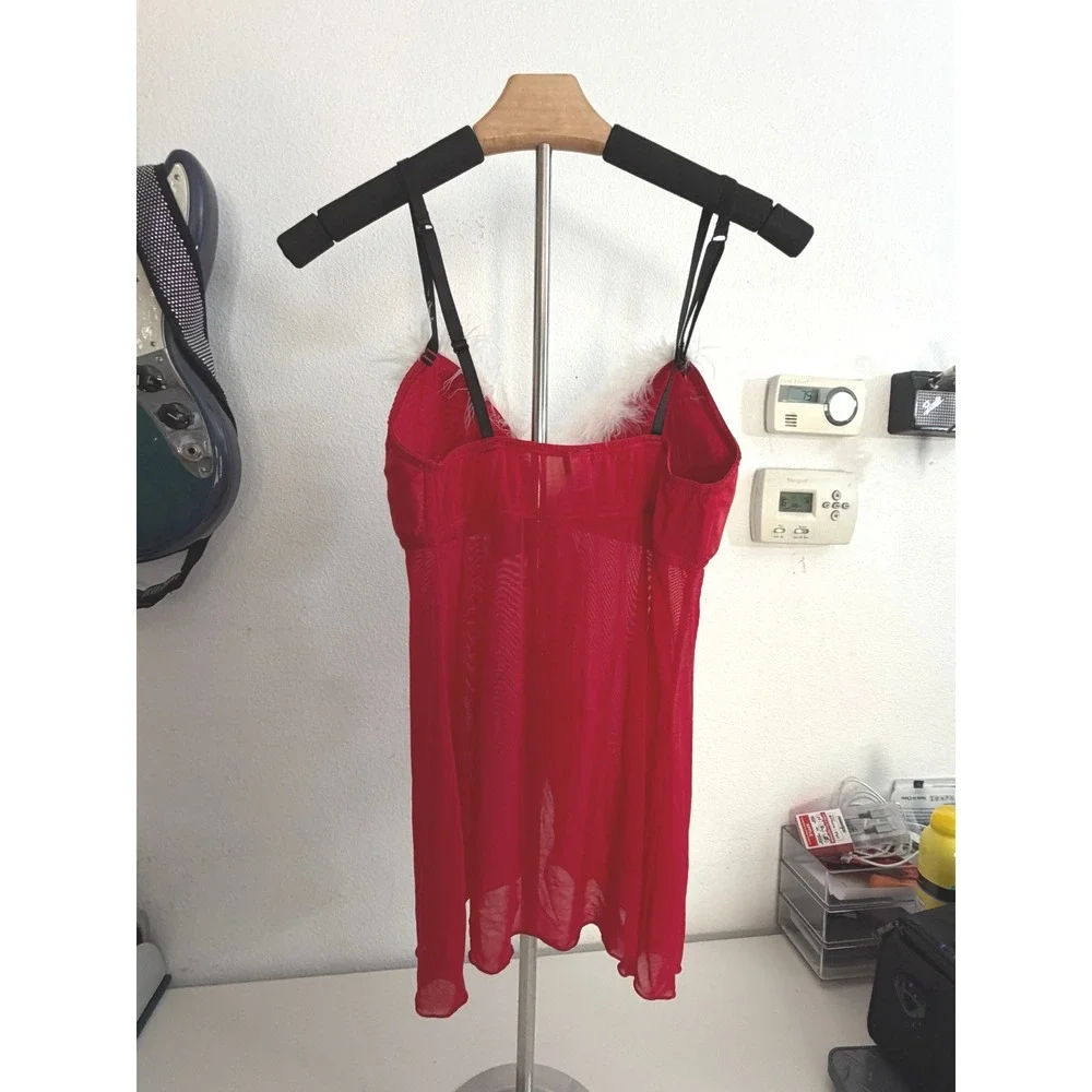 Passion Forever Red Christmas Babydoll Chemise Faux Fur Trim Pom Pom Medium